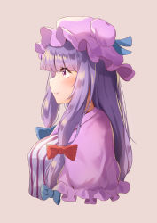 Rule 34 | 1girl, blue bow, blunt bangs, blush, bow, breasts, capelet, closed mouth, commentary request, cropped torso, dress, eyes visible through hair, grey background, hair bow, hair ribbon, hat, highres, large breasts, long hair, looking ahead, mob cap, multi-tied hair, patchouli knowledge, profile, purple capelet, purple dress, purple eyes, purple hair, purple hat, red bow, ribbon, sefushi, sidelocks, simple background, smile, solo, striped, touhou, tress ribbon, upper body, vertical stripes, very long hair