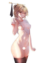 Rule 34 | 1girl, absurdres, backlighting, black thighhighs, blonde hair, blush, breasts, censored, closed mouth, clothes lift, commission, cowboy shot, dungeon and fighter, hair between eyes, hair bun, hair ornament, hair stick, highres, lifting own clothes, medium breasts, navel, nipples, red eyes, see-through, shirt lift, short hair, single hair bun, skulllee, smile, solo, sweat, thighhighs, thighs