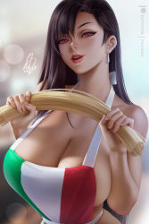 Rule 34 | 1girl, 2022, apron, artist name, bare shoulders, breasts, brown hair, cleavage, commentary, commentary request, dangle earrings, earrings, english commentary, eyelashes, female focus, final fantasy, final fantasy vii, final fantasy vii remake, fingernails, food, holding, holding food, italian flag, italian flag print, italian senate porn livestream (meme), italian senate porn livestream (meme), jewelry, large breasts, long hair, looking at viewer, meme, mixed-language commentary, naked apron, no bra, olchas, open mouth, pasta, patreon username, red eyes, sideboob, solo, square enix, tifa lockhart, upper body