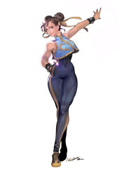Rule 34 | 1girl, absurdres, bracelet, brown eyes, brown hair, capcom, chun-li, double bun, hand on own hip, hand up, highres, jewelry, crossed legs, letta, looking at viewer, smile, solo, spiked bracelet, spikes, standing, street fighter, white background