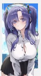 Rule 34 | 1girl, absurdres, black skirt, blue archive, blue eyes, blue hair, blush, border, breasts, button gap, cleavage, closed mouth, collared shirt, halo, highres, large breasts, long hair, long sleeves, looking at viewer, mechanical halo, ori (0rizuru), outside border, parted bangs, partially unbuttoned, pleated skirt, shirt, skirt, solo, two side up, white border, white shirt, yuuka (blue archive)