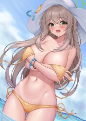 Rule 34 | 1girl, bikini, blue archive, blue sky, blush, breasts, collarbone, commentary request, gluteal fold, green eyes, green halo, halo, hat, highres, large breasts, light brown hair, long hair, looking at viewer, nail polish, navel, nonomi (blue archive), nonomi (swimsuit) (blue archive), ocean, official alternate costume, open mouth, outdoors, pcreambang, side-tie bikini bottom, sky, solo, string bikini, sun hat, swimsuit, undone bikini, untied bikini top, wading, wardrobe malfunction, wet, white hat, yellow bikini, yellow nails