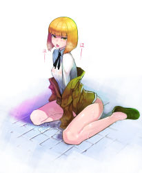 Rule 34 | 10s, 1girl, absurdres, bad id, bad pixiv id, bare legs, blonde hair, blunt bangs, bob cut, bottomless, breasts, breath, brown eyes, covered erect nipples, doku-chan (dokkudokudoku), gradient background, highres, long legs, looking at viewer, medium breasts, midorikawa hana, off shoulder, open mouth, prison school, ribbon, school uniform, short hair, sitting, solo, tears, wariza, wet, wet clothes