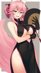 Rule 34 | 1girl, animal ear fluff, animal ears, bare shoulders, bell, black dress, black gloves, blush, breasts, center opening, china dress, chinese clothes, closed mouth, commentary request, dress, fang, fate/grand order, fate (series), folding fan, fox ears, fox tail, glasses, gloves, hair between eyes, hand fan, highres, hip focus, jingle bell, koyanskaya (chinese lostbelt outfit) (fate), koyanskaya (fate), large breasts, long hair, looking at viewer, navel, pink hair, sidelocks, smile, solo, sukebewe, tail, tamamo (fate), thighs, yellow eyes