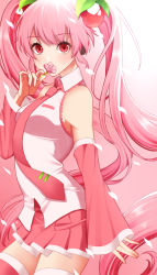 Rule 34 | 1girl, bare shoulders, blush, cherry blossoms, cherry hair ornament, collared shirt, covered mouth, detached sleeves, flower, food-themed hair ornament, hair ornament, hatsune miku, highres, holding, holding flower, long hair, long sleeves, looking at viewer, miniskirt, necktie, petals, pink eyes, pink hair, pleated skirt, sakura miku, shirt, skirt, sleeveless, sleeves past wrists, thighhighs, twintails, very long hair, vocaloid, yomogi dango, zettai ryouiki