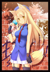 Rule 34 | 1girl, 47agdragon, animal ears, bare shoulders, beret, black thighhighs, blonde hair, blush, border, brick wall, fingerless gloves, food, fox ears, fox tail, garter straps, gloves, hat, highres, ice cream, ice cream cone, long hair, necktie, original, pleated skirt, shadow, shirt, skirt, sleeveless, sleeveless shirt, solo, tail, thighhighs, yellow eyes, zettai ryouiki