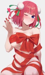 1girl blowing_kiss blush breasts christmas cleavage collarbone fingernails go-toubun_no_hanayome gomashiwo_o hair_ornament hair_ribbon highres large_breasts looking_at_viewer nail_polish nakano_nino naked_ribbon navel nude one_eye_closed red_hair red_nails red_ribbon ribbon short_hair simple_background solo stomach underboob white_background wide_hips