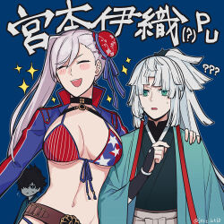 Rule 34 | 1boy, 2girls, ?, ??, american flag bikini, belt, bikini, black eyes, black hair, blue background, blue jacket, blue kimono, blush, blush stickers, breasts, brown belt, bun cover, cleavage, closed eyes, commentary request, cropped jacket, fate/grand order, fate/samurai remnant, fate (series), flag print, flying sweatdrops, green eyes, grey hair, hair bun, hair over one eye, hand on another&#039;s shoulder, jacket, japanese clothes, jest ht90, kimono, large breasts, long hair, miyamoto iori (fate), miyamoto musashi (fate), miyamoto musashi (fate/grand order), miyamoto musashi (swimsuit berserker) (fate), miyamoto musashi (swimsuit berserker) (second ascension) (fate), multiple girls, navel, one eye covered, open mouth, ponytail, short hair, short ponytail, simple background, single hair bun, smile, stomach, swimsuit, teeth, translation request, twitter username, upper teeth only, very long hair, yui shousetsu (fate)
