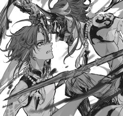 Rule 34 | 2boys, artist name, battle, clenched teeth, dual persona, duel, eye contact, genshin impact, greyscale, highres, holding, holding another&#039;s wrist, holding polearm, holding weapon, jewelry, looking at another, male focus, monochrome, multiple boys, necklace, pearl necklace, polearm, shiraishi (siraisi00), teeth, weapon, xiao (genshin impact)
