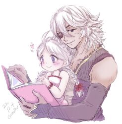Rule 34 | 1boy, 1girl, aged down, ahoge, bare shoulders, book, braid, chizuru752830fe, eyepatch, father and daughter, fire emblem, fire emblem fates, heart, highres, holding, holding book, low twin braids, niles (fire emblem), nina (fire emblem), nintendo, parted bangs, reading, twin braids, upper body