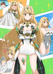Rule 34 | aotsuba, baby, blonde hair, blush, breasts, chest jewel, earrings, elbow gloves, embarrassed, gloves, headpiece, highres, jewelry, large breasts, long hair, mythra (radiant beach) (xenoblade), mythra (xenoblade), one-piece swimsuit, rex (xenoblade), ribbed swimsuit, strapless, strapless one-piece swimsuit, striped clothes, striped one-piece swimsuit, swept bangs, swimsuit, tiara, vertical-striped clothes, vertical-striped one-piece swimsuit, xenoblade chronicles (series), xenoblade chronicles 2, yellow eyes