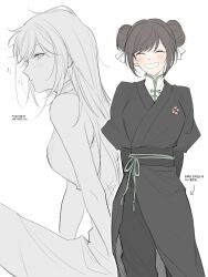 Rule 34 | 1girl, arms behind back, bad link, black pants, blush, character request, double bun, hair bun, highres, hssdcc, long hair, messy hair, open mouth, pants, return of the mount hua sect, sash, short hair, sketch, smile, undershirt, uniform, waking up, white background