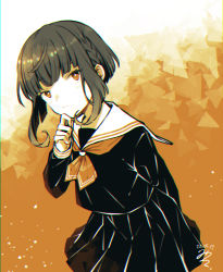 Rule 34 | 1girl, alternate costume, arms behind back, blush, closed mouth, dated, kantai collection, limited palette, long sleeves, miroku san-ju, neckerchief, pleated skirt, sailor collar, school uniform, serafuku, short hair, signature, simple background, skirt, solo, takanami (kancolle)