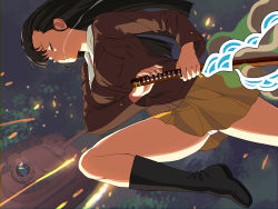 Rule 34 | 1girl, a1 (initial-g), anglerfish, asymmetrical bangs, boots, breasts, brown hair, brown jacket, chi-hatan military uniform, closed eyes, commentary request, fish, forehead, girls und panzer, holding, holding sword, holding weapon, jacket, jumping, katana, knee boots, large breasts, long hair, long sleeves, military, military uniform, military vehicle, miniskirt, motor vehicle, nishi kinuyo, panties, pantyshot, panzer iv, pleated skirt, skirt, solo, sword, tank, underwear, uniform, weapon, yellow skirt