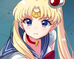 Rule 34 | 1girl, bad id, bad pixiv id, bishoujo senshi sailor moon, blonde hair, blue eyes, blue sailor collar, blush, bow, choker, circlet, commentary request, crescent, crescent earrings, derivative work, double bun, earrings, hair bun, hair ornament, heart, heart choker, highres, jewelry, long hair, looking at viewer, meme, minami saki, parted bangs, parted lips, red bow, red choker, sailor collar, sailor moon, sailor moon redraw challenge (meme), sailor senshi uniform, screenshot redraw, shirt, short sleeves, solo, tsukino usagi, twintails, upper body, white shirt