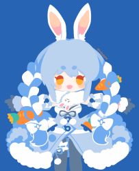 Rule 34 | 1girl, animal ear fluff, animal ears, black gloves, black pantyhose, blue background, blue hair, blush, braid, buttons, carrot hair ornament, commentary, detached sleeves, don-chan (usada pekora), dress, feet out of frame, food-themed hair ornament, fur-trimmed dress, fur-trimmed sleeves, fur scarf, fur trim, gloves, hair ornament, hololive, light blue hair, looking at viewer, multicolored hair, open mouth, orange eyes, outstretched arms, pantyhose, pom pom (clothes), rabbit ears, rabbit girl, rizu (rizunm), scarf, simple background, smile, solo, spread arms, thick eyebrows, twin braids, twitter username, two-tone hair, usada pekora, usada pekora (1st costume), virtual youtuber, white dress, white hair, white scarf, white sleeves