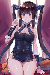 Rule 34 | 1girl, backlighting, bad id, bad pixiv id, bare shoulders, black dress, blue eyes, blunt bangs, blush, breasts, china dress, chinese clothes, cleavage, closed mouth, covered navel, curtains, detached sleeves, dress, fate/grand order, fate (series), hair ornament, hand up, highres, long hair, looking at viewer, medium breasts, nonon (xenonbot), purple hair, side slit, sidelocks, sitting, smile, solo, thighs, twintails, very long hair, window, yang guifei (fate), yang guifei (second ascension) (fate)