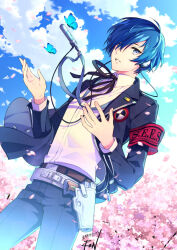 Rule 34 | 1boy, armband, belt, black jacket, black pants, black ribbon, blue butterfly, blue eyes, blue hair, blue sky, bug, butterfly, cherry blossoms, cloud, cloudy sky, collared shirt, commentary request, cowboy shot, digital media player, earphones, evoker, falling petals, gekkoukan high school uniform, hair over one eye, insect, jacket, long sleeves, looking at viewer, lovechro, male focus, neck ribbon, open clothes, open hands, open jacket, outdoors, pants, parted lips, persona, persona 3, petals, ribbon, s.e.e.s, school uniform, shirt, short hair, sky, solo, white shirt, yuuki makoto (persona 3)