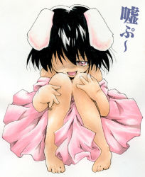 Rule 34 | 1girl, animal ears, barefoot, blush, rabbit ears, feet, female focus, inaba tewi, one-eyed, solo, toes, touhou