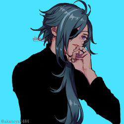 Rule 34 | 1boy, black sweater, blue background, blue hair, commentary request, dated, eyepatch, genshin impact, hand on own chin, kaeya (genshin impact), long hair, long sleeves, looking at viewer, male focus, ojo aa, one eye covered, parted lips, purple eyes, signature, simple background, solo, sweater, turtleneck, turtleneck sweater, twitter username, upper body