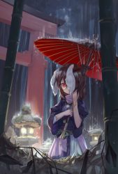 Rule 34 | 1girl, animal ears, brown hair, dress, expressionless, floppy ears, highres, holding, holding umbrella, inaba tewi, jewelry, light, looking down, medium hair, night, oil-paper umbrella, one eye covered, outdoors, perspective, rabbit ears, rain, red eyes, solo, tlobtr, torii, touhou, umbrella