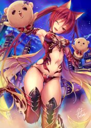 Rule 34 | 10s, 1girl, ;d, animal ears, armor, bikini armor, boots, bow, bowtie, breasts, breasts apart, building, cape, cerberus (shingeki no bahamut), choker, city, dog ears, fukai ryosuke, gauntlets, gloves, gluteal fold, granblue fantasy, leg up, long hair, midriff, navel, night, night sky, one eye closed, open mouth, red eyes, red hair, shingeki no bahamut, short hair, sky, smile, solo, standing, standing on one leg, star (sky), starry sky, thigh boots, thighhighs, twintails