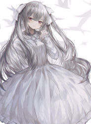 Rule 34 | 1girl, abandon ranka, bow, breasts, closed mouth, collared dress, commentary request, cross, dress, grey dress, hair between eyes, hair bow, hand up, highres, indie virtual youtuber, latin cross, long hair, long sleeves, looking at viewer, minai karte, red eyes, silver hair, small breasts, smile, solo, very long hair, virtual youtuber, white bow