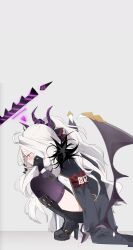 Rule 34 | 1girl, absurdres, ai-mai, armband, black jacket, blue archive, boots, demon horns, demon wings, halo, highres, hina (blue archive), horns, jacket, purple thighhighs, school uniform, simple background, solo, squatting, thighhighs, white background, white hair, wings
