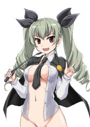 Rule 34 | 1girl, :d, anchovy (girls und panzer), between breasts, black cape, black necktie, black ribbon, bottomless, breasts, cape, collared shirt, covered erect nipples, dress shirt, drill hair, girls und panzer, grey hair, groin, hair ribbon, highres, holding, holding riding crop, index finger raised, long hair, long sleeves, looking at viewer, medium breasts, naked shirt, navel, necktie, necktie between breasts, no bra, open clothes, open mouth, open shirt, pussy, pussy peek, red eyes, ribbon, riding crop, shirt, simple background, smile, solo, stomach, twin drills, twintails, unbuttoned, unbuttoned shirt, upper body, v-shaped eyebrows, wan&#039;yan aguda, white background, wing collar