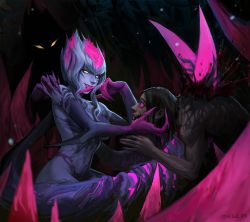 Rule 34 | 1girl, artist name, black hair, bleeding, blood, blood from mouth, blurry, blurry foreground, claws, colored sclera, colored skin, evelynn (league of legends), facial mark, fingernails, fire, fire, glowing, glowing eyes, grey hair, grey skin, grin, hair between eyes, highres, impaled, league of legends, looking at another, looking at viewer, medium hair, multicolored hair, navel, parted lips, pink fire, purple eyes, purple hair, purple lips, purple sclera, r3p4aty bow, shadow, signature, slit pupils, smile, spikes, yellow eyes
