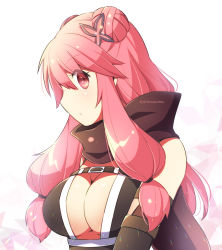 Rule 34 | 1girl, breasts, brown gloves, brown scarf, butterfly hair ornament, cleavage, closed mouth, commentary request, double bun, elbow gloves, expressionless, gloves, guillotine cross (ragnarok online), hair between eyes, hair bun, hair ornament, highres, large breasts, long hair, looking at viewer, looking to the side, official alternate costume, pink eyes, pink hair, ragnarok online, scarf, shiraazuma, solo, upper body
