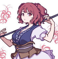 Rule 34 | 1girl, absurdres, breasts, cleavage, closed mouth, eyebrows hidden by hair, hair bobbles, hair ornament, highres, holding, holding scythe, kame (kamepan44231), looking at viewer, obi, one-hour drawing challenge, onozuka komachi, red eyes, red hair, sash, scythe, short hair, short sleeves, solo, touhou, two side up, upper body, white background