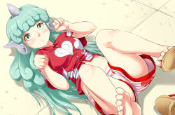 Rule 34 | 1girl, aqua hair, bare arms, bare legs, barefoot, blush, breasts, buttons, cherry blossoms, closed mouth, cloud print, collared shirt, crop top, curly hair, dutch angle, eyelashes, feet, geta, green eyes, heart, horns, komano aunn, legs up, lips, long hair, looking away, looking up, lying, medium breasts, navel, on back, outdoors, paw pose, paw print, petals, red shirt, shirt, shoes, shorts, single horn, single shoe, soles, solo, spread legs, tareme, taut clothes, taut shirt, toenails, toes, touhou, very long hair, white shorts, yomitrooper
