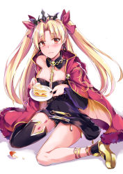 Rule 34 | 1girl, asymmetrical legwear, asymmetrical sleeves, bad id, bad pixiv id, bare shoulders, black collar, black dress, black thighhighs, blonde hair, bow, breasts, cake, cake slice, cape, closed mouth, collar, collarbone, commentary request, crying, crying with eyes open, detached collar, dress, earrings, ereshkigal (fate), fate/grand order, fate (series), food, fur-trimmed cape, fur trim, hair bow, head tilt, highres, holding, holding plate, infinity symbol, jewelry, konka, long hair, long sleeves, medium breasts, parted bangs, plate, red bow, red cape, red eyes, shoes, single sleeve, single thighhigh, sitting, skull, solo, spine, strapless, strapless dress, tears, thighhighs, tiara, tohsaka rin, two side up, uneven legwear, uneven sleeves, very long hair, wariza, white background