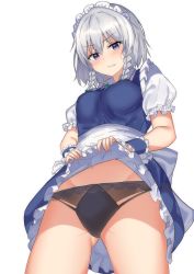 Rule 34 | 1girl, angry, apron, bad id, bad pixiv id, black panties, blouse, blue dress, blue eyes, blush, bow, braid, breasts, clenched teeth, clothes lift, collared shirt, cowboy shot, dress, dress lift, embarrassed, frilled dress, frilled shirt, frills, from below, gluteal fold, green bow, groin, hair between eyes, hair bow, highres, izayoi sakuya, kmuccu, lifted by self, looking at viewer, looking down, maid, maid headdress, medium breasts, panties, puffy short sleeves, puffy sleeves, shirt, short hair, short hair with long locks, short sleeves, silver hair, simple background, solo, teeth, thighs, touhou, twin braids, underwear, upskirt, waist apron, white apron, white background, white shirt