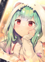 Rule 34 | 1girl, absurdres, animal hood, bear hood, blush, closed mouth, commentary, deany, dutch angle, gradient hair, green hair, hand on own cheek, hand on own face, head rest, highres, hololive, hood, hood up, hooded jacket, jacket, long hair, long sleeves, looking away, multicolored hair, purple hair, red eyes, sleeves past wrists, solo, symbol-only commentary, upper body, uruha rushia, uruha rushia (school uniform), virtual youtuber, white jacket