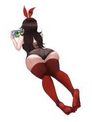 Rule 34 | 1girl, absurdres, amber (genshin impact), artist request, ass, bare shoulders, bellone, breasts, brown hair, feet, from behind, genshin impact, hair ribbon, hairband, highres, huge ass, long hair, lying, medium breasts, nintendo, nintendo switch, on stomach, ribbon, shiny clothes, shiny skin, short shorts, shorts, sideboob, solo, thick thighs, thighhighs, thighs