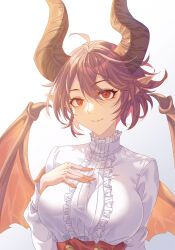 Rule 34 | 1girl, absurdres, ahoge, breasts, center frills, closed mouth, dragon girl, dragon horns, frilled shirt, frills, grea (shingeki no bahamut), hand on own chest, highres, horns, innoarukugyou, large breasts, long sleeves, orange wings, pointy ears, purple hair, red eyes, shingeki no bahamut, shirt, short hair, simple background, smile, solo, upper body, white background, white shirt