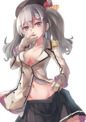 Rule 34 | 10s, 1girl, bad id, bad pixiv id, blue eyes, breasts, cleavage, gloves, grey hair, hat, highres, kantai collection, kashima (kancolle), looking at viewer, military, military uniform, saraki, short twintails, solo, twintails, uniform