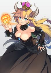 Rule 34 | 1girl, armlet, bare shoulders, black dress, blonde hair, blue eyes, bowsette, bracelet, breasts, breath weapon, breathing fire, cleavage, clenched teeth, collar, commentary request, crown, dress, earrings, fang, fire, grey background, hand on own hip, horns, iltusa, jewelry, large breasts, long hair, looking at viewer, mario (series), new super mario bros. u deluxe, nintendo, pointy ears, sharp teeth, simple background, slit pupils, smile, solo, spiked armlet, spiked bracelet, spiked collar, spikes, super crown, teeth