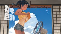 Rule 34 | 1girl, absurdres, black hair, black shorts, blue sky, breasts, camisole, camisole lift, closed eyes, clothes lift, cloud, day, electric fan, highres, hot, kaedeko (kaedelic), large breasts, lifted by self, navel, one-piece tan, oppai loli, original, sasaki kanna (kaedeko), short hair, shorts, signature, sky, solo, sweat, tan, tanline, twintails, underboob, yellow camisole