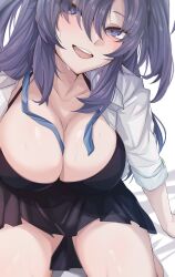 Rule 34 | 1girl, absurdres, black bra, blue archive, blue eyes, blush, bra, breasts, cleavage, collarbone, highres, large breasts, looking at viewer, loose necktie, necktie, on bed, open clothes, open mouth, open shirt, pleated skirt, purple hair, shirt, sidelocks, skirt, sleeves rolled up, solo, sweat, underwear, vanko (vank0a), white shirt, yuuka (blue archive)
