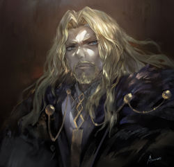 Rule 34 | 1boy, artist name, azomo, beard, blonde hair, blue eyes, cape, closed mouth, facial hair, fate/apocrypha, fate (series), goatee, highres, long hair, looking at viewer, male focus, mustache, parted bangs, shirt, signature, solo, upper body, vlad iii (fate/apocrypha), white shirt