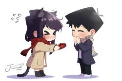 Rule 34 | &gt; &lt;, 1boy, 1girl, absurdres, animal ears, artist name, black footwear, black hair, blue coat, blush, brown coat, cat ears, cat tail, chibi, chibi only, closed eyes, coat, dress, flying sweatdrops, gift, hands over own mouth, highres, holding, holding gift, incoming gift, j humbo, komi-san wa komyushou desu, komi shouko, long bangs, long hair, looking at another, messy hair, pants, plaid, plaid scarf, red scarf, scarf, short hair, sweatdrop, tadano hitohito, tail, white background, white footwear, winter clothes