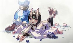 Rule 34 | 1girl, ankle ribbon, black hair, blush, commentary, cup, eyeliner, fate/grand order, fate (series), food, fruit, full body, gourd, grapes, horns, isagiyo, japanese clothes, kimono, leg ribbon, looking at viewer, lying, makeup, on stomach, oni, open mouth, purple eyes, revealing clothes, ribbon, sakazuki, short hair, shuten douji (fate), skin-covered horns, smile, solo, symbol-only commentary