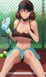 Rule 34 | 1girl, aqua skirt, ball, bare shoulders, black nails, black tank top, bottle, breasts, brown hair, chain-link fence, choker, cleavage, clothes lift, collarbone, commentary, english commentary, fence, green eyes, hair between eyes, holding, holding bottle, jagaimo (kkamja), jung yujin (jagaimo (kkamja)), large breasts, licking lips, looking at viewer, medium hair, midriff, mole, nail polish, navel, open mouth, original, pleated skirt, racket, shirt lift, sitting, skirt, sports bra, sportswear, stomach, sweat, tank top, tennis, tennis ball, tennis court, tennis racket, tennis uniform, tongue, tongue out, underboob, visor cap, water bottle, wristband