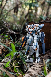 Rule 34 | baselard (frame arms), blurry, blurry background, dual wielding, forest, frame arms, green eyes, gun, holding, holding gun, holding weapon, mecha, model kit, model kit (medium), nature, photo (medium), robot, solo, standing, suzu (garage516), unconventional media, weapon