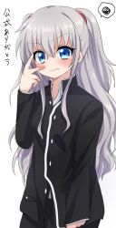 Rule 34 | 10s, 1girl, black jacket, blue eyes, blush, buttons, charlotte (anime), cosplay, frown, gakuran, jacket, long hair, long sleeves, looking at viewer, nakadome, otosaka yuu (cosplay), school uniform, silver hair, simple background, solo, speech bubble, spoken squiggle, squiggle, sweatdrop, tomori nao, two side up, v over eye, wavy mouth, white background