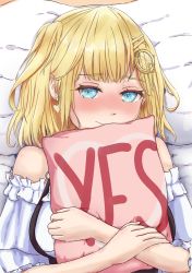 Rule 34 | 1girl, absurdres, bad id, bad pixiv id, bare shoulders, blonde hair, blue eyes, blush, earrings, hair ornament, heart, heart earrings, highres, hololive, hololive english, hugging object, jewelry, looking at viewer, lying, nose blush, on back, pillow, pillow hug, revivi, short hair, smile, solo, upper body, virtual youtuber, watson amelia, yes, yes-no pillow