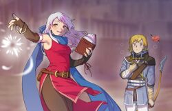 Rule 34 | 1boy, 1girl, absurdres, armpits, arrow (projectile), bare shoulders, belt, black gloves, black leggings, blonde hair, blue eyes, blue scarf, blurry, blurry background, blush, book, bow (weapon), bracelet, commission, dress, elbow gloves, estherart0, fingerless gloves, fire emblem, fire emblem: radiant dawn, gloves, grey hair, hair ribbon, half updo, heart, highres, holding, holding book, holding bow (weapon), holding weapon, jewelry, leggings, leonardo (fire emblem), long hair, long sleeves, micaiah (fire emblem), nintendo, open mouth, outstretched arm, ribbon, scarf, side slit, sleeveless, sleeveless dress, smile, weapon, yellow eyes